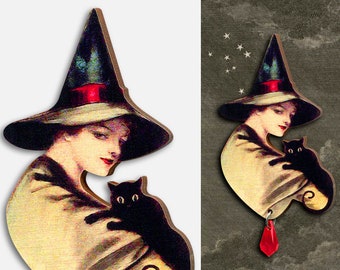 Whimsical wooden brooch pin "WITCHY"  witch black cat halloween gothic little present magic