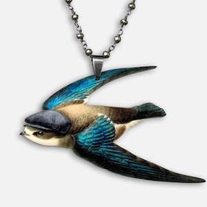 Statement whimsical wooden necklace &quot;SLEEPY SWALLOW&quot; vintage jewelry charm lasercut wood special gift 20s 30s boho bird hat rockabilly