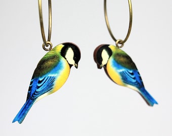 MEISZWEISAM ++ Boucles d'oreilles créoles mésange bleue mésange charbonnière vintage oiseaux bois découpés au laser animaux oiseaux forestiers cadeau Saint-Nicolas