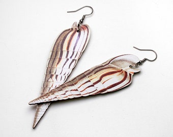 Whimsical wooden earrings studs "SHE SELLS SEASHELLS" spiral shell seashell jewelry gift lasercut wood ocean sea side