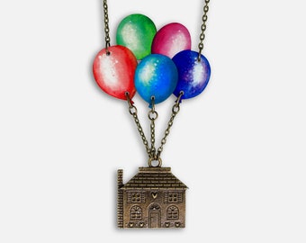 Statement whimsical wooden necklace "UP UP & AWAY" jewelry pendant flying house balloons gift lasercut  unique