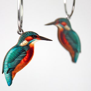 Whimsical wooden hoop earrings creole  "COLD as ICE" hoops lasercut kingfisher king fisher gift bird animal jewelry wood