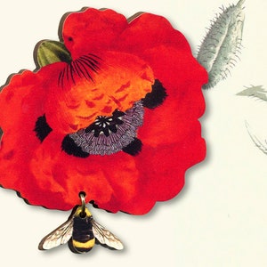 Wooden brooch pin vintage "NEXT STOP: POPPY Ave." jewelry charm lasercut wood flower bloom bee woodland comtemporary