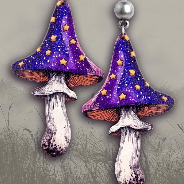 HIGH ARGARIC ++ surreal fly argaric mushroom stars jewelry earrings gift jewelry wood