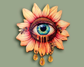 STICKY TEARS ++ big brooch surreal bee honey tears sun flower jewelry pin laser cut wood