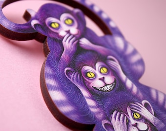 3 WISE CHESHIRE LEMURS ++ big Whimsical wooden brooch pin jewelry purple monkeys lemur mizaru, kikazaru, iwazaru lasercut