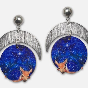Wooden earrings studs "GOOD NIGHT, DEAR" double exposure universe deer fawn woodland animal stars crescent moon collage contemporary