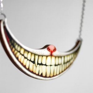 Statement whimsical wooden necklace "THAT SMILE" cheshire cat mouth teeth vintage jewelry pendant teeth alice wonderland we're all mad here