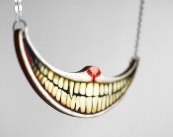 Statement whimsical wooden necklace "THAT SMILE" cheshire cat mouth teeth vintage jewelry pendant teeth alice wonderland we're all mad here