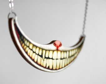 THAT SMILE ++ large statement whimsical wooden necklace cheshire cat mouth vintage jewelry pendant teeth alice wonderland we&#39;re all mad here