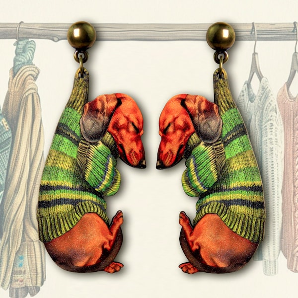COMFY CLOTHES ++ earrings wiener dog dachshund collage knitted sweater green funny gift jewelry wood laser cut christmas