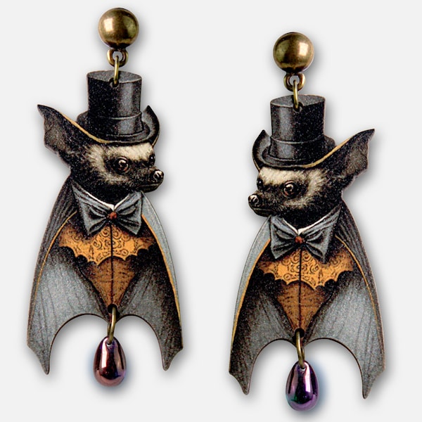 BEST BAT FRIEND ++ whimsical wooden earrings vintage bat halloween horror gothic dracula vampire lasercut vintage style jewelry