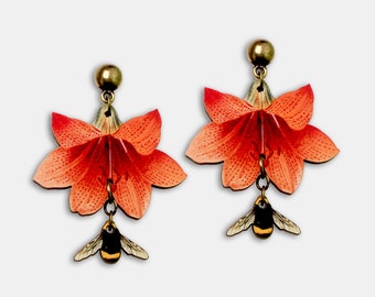 Whimsical wooden earrings &quot;SWEETNESS&quot; lasercut gift bee bumble lilly vintage flower jewelry wooden easter birthday gift asymetric