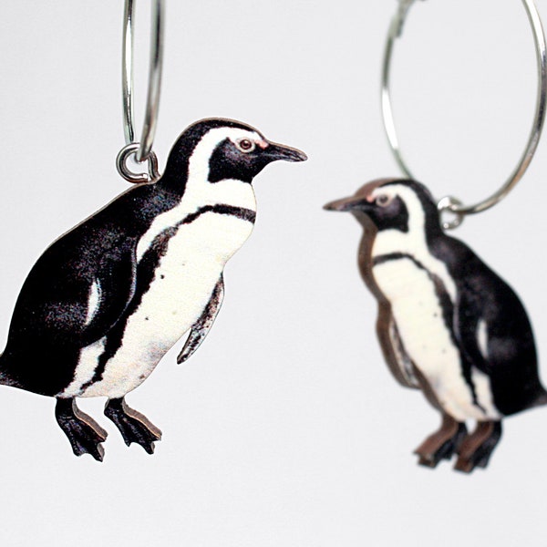 OREILLES FROIDES ++ Boucles d'oreilles clous vintage oiseau Humboldt pingouin bois découpé au laser animaux cadeau