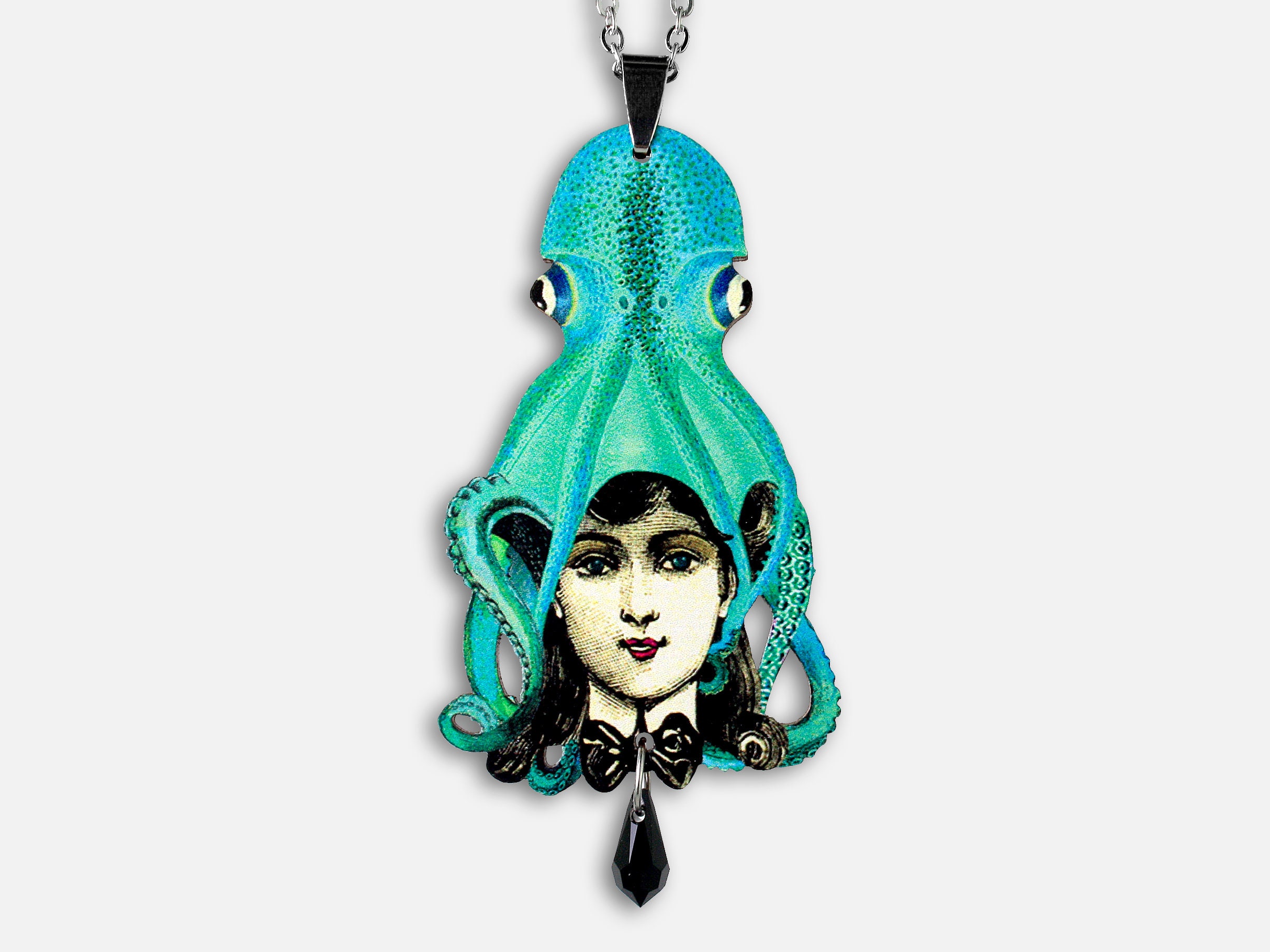 whimsical wooden necklace jewelry "JUST TRIM IT" octopus kraken tentacles squid cuttlefish vintage gift present funny lady art déco nouveau