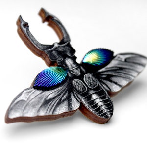 Whimsical wooden brooch pin &quot;Stag beetle&quot; bug gothic rhinestone gift lasercut