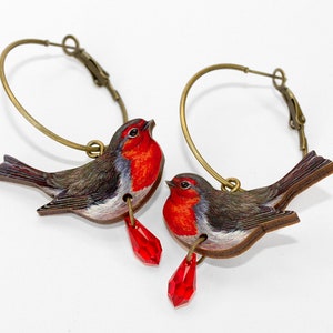 Wooden hoop earrings creole RED EAR SYNDROM hoops lasercut gift vintage jewelry lasercut wood birds woodland redbrest robin bird gift image 2