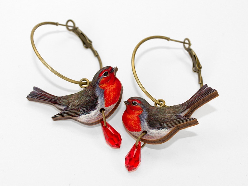 Wooden hoop earrings creole RED EAR SYNDROM hoops lasercut gift vintage jewelry lasercut wood birds woodland redbrest robin bird gift image 2