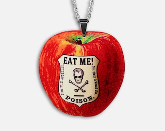 Whimsical wooden necklace pendant "EAT ME! (POISON)" apple old vintage apothecary snow white jewelry pendant skull bones punk gothic