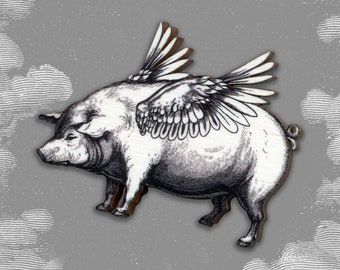 Hilarious wooden brooch pin "PIGGY FLYING HIGH" vintage pig swine hog jewelry gift animal liberation rights vegan