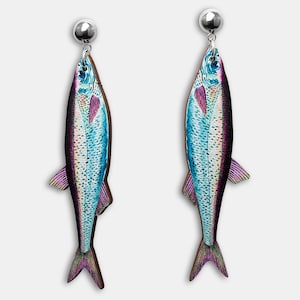 Whimsical wooden earrings studs "SOMETHING FISHY" sardine fish jewelry gift lasercut wood ocean sea side