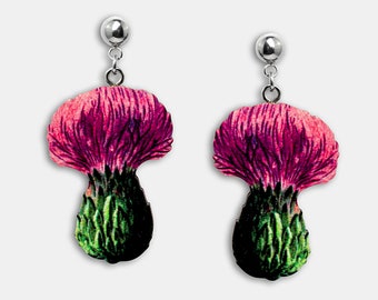 DIZZLEFUSHIZZLE ++ Pendientes de botón vintage de cardo otoñal, bosque encantado, regalo, madera, corte láser, flor, floración, naturaleza, planta