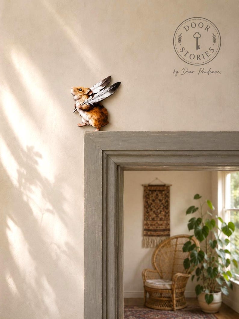 Könnte beinhalten: Ein braun-weißer Hamster-Wandaufkleber, der das Nagetier mit zwei großen Federn auf dem Rücken zeigt. Der Text "DOOR STORIES by Dear Prudence" ist in einem kreisförmigen Logo über dem Hamster auf der beigen Wandfläche aufgedruckt.