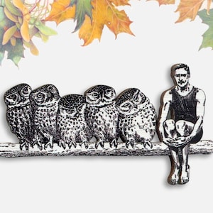 Wooden brooch pin IDENTITY CRISIS vintage collage surreal owls on branch man woodland animals funny little gift image 1