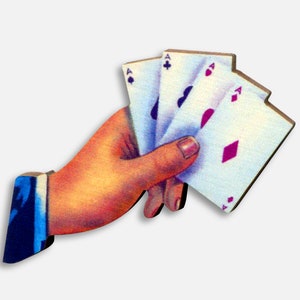 4 OF A KIND ++ piccola spilla in legno tagliato al laser rockabilly poker gioco di carte da gioco asso 4 assi carte da gioco a mano