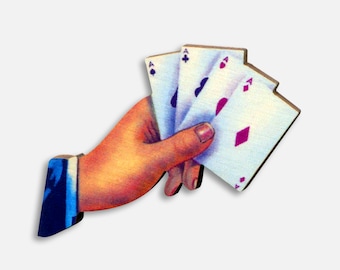 Itsy bitsy whimsical wooden brooch pin &quot;4 OF A KIND&quot; rockabilly ace aces hand game playing cards gambling poker fan gift