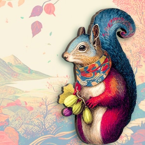 May include: A whimsical illustration of a squirrel wearing a colorful scarf and holding a bunch of grapes. The squirrel has blue and red fur and is set against a background of a stylized landscape.