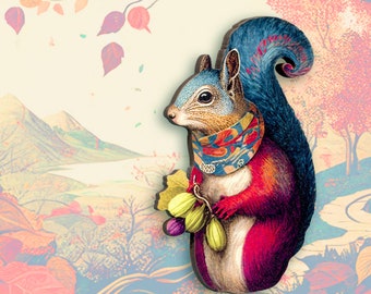 May include: A whimsical illustration of a squirrel wearing a colorful scarf and holding a bunch of grapes. The squirrel has blue and red fur and is set against a background of a stylized landscape.