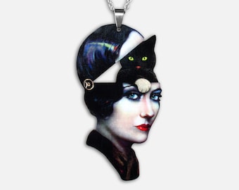 Statement whimsical wooden necklace "CAT EMPIRE" black cat charm crazy lady head 20s 30s flapper vintage