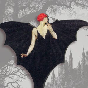 May include: A woman with red hair and a black dress is depicted with bat wings against a backdrop of a gray castle and trees.