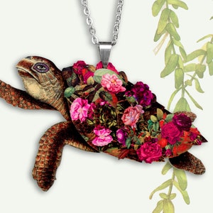 Statement whimsical wooden necklace "FLURTLE" vintage turtle flower jewelry lasercut wood kitsch flowers roses shabby