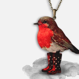 Statement wooden necklace &quot;DRY FEET&quot; vintage redbrest robin bird gift birthday mothers day best friend rubber boots wellingtons christmas