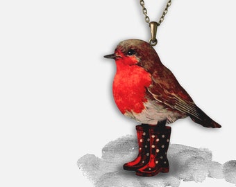 Statement wooden necklace "DRY FEET" vintage redbrest robin bird gift birthday mothers day best friend rubber boots wellingtons christmas