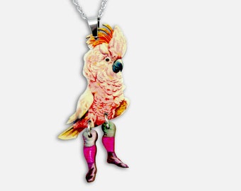 Statement whimsical wooden necklace "WALK on the WILD SIDE" vintage bird cockatoo jewelry bird lover funny puppet collage gift birthday