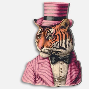 STRIKING STRIPES ++ Whimsical wooden brooch pin vintage style gift birthday jewelry tiger taxedo top hat circus director collage wood