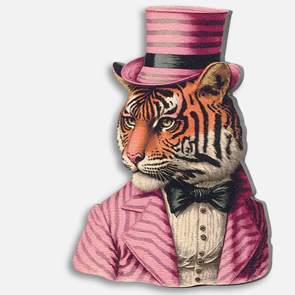 STRIKING STRIPES ++ Whimsical wooden brooch pin vintage style gift birthday jewelry tiger taxedo top hat circus director collage wood