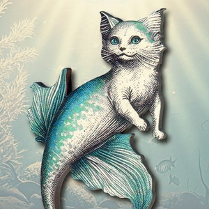 Pode incluir: Um gato branco com olhos azuis e uma cauda de peixe turquesa. O gato está sorrindo e tem uma cauda com padrão branco e turquesa.