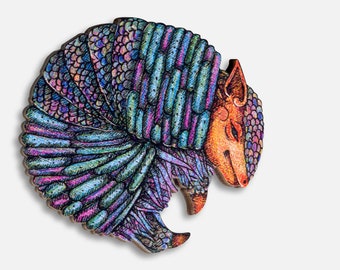 Wooden brooch pin "WAY TO ARMADILLO" vintage gift present funny animal jewelry illustration