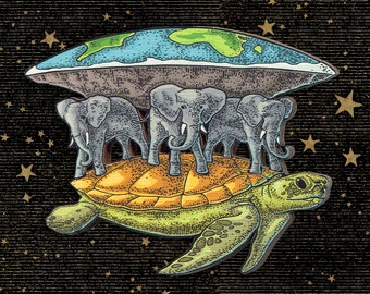 Whimsical wooden brooch pin "AKUPARA" world turtle hindu flat world elephants animal jewelry illustration contemporary art