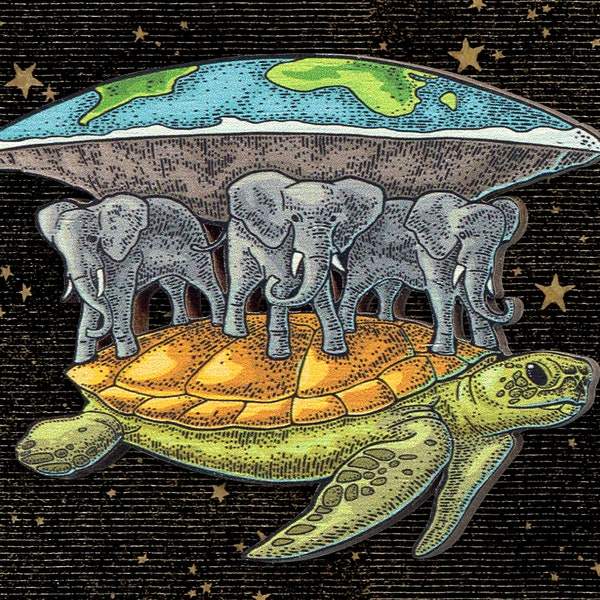 Whimsical wooden brooch pin "AKUPARA" world turtle hindu flat world elephants animal jewelry illustration contemporary art