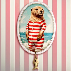 BEACH BOY Große Brosche Anstecker Pin vintage surreal Collage Geschenk Otter Strand Fischotter Fisch Fischgräte Bild 2