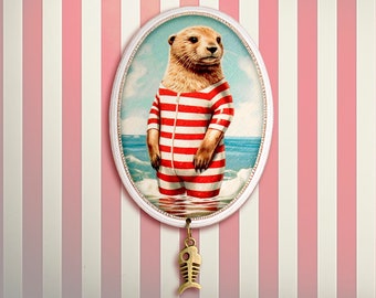 BEACH BOY +++ large whimsical wooden brooch pin vintage surreal contemporary collage jewelry otter fish fishbone funny gift present