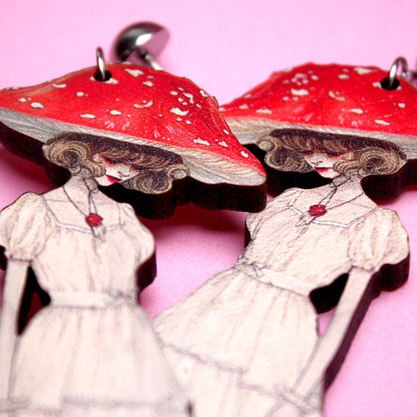 TOXIC TWINS ++ Whimsical wooden earrings studs vintage styled toadstool mushroom girls spooky ghost witchy flapper jewelry gift 