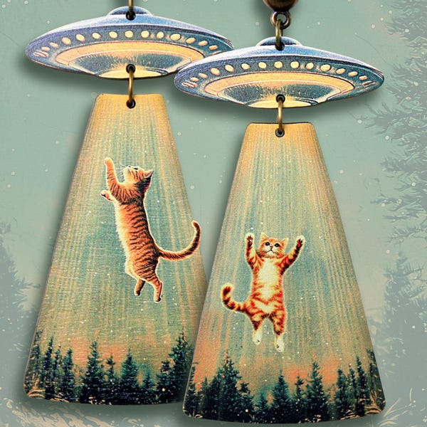 KITTY UP ++ surreal vintage styled illustration ginger cat beamed up by ufo U.F.O. funny jewelry earrings studs