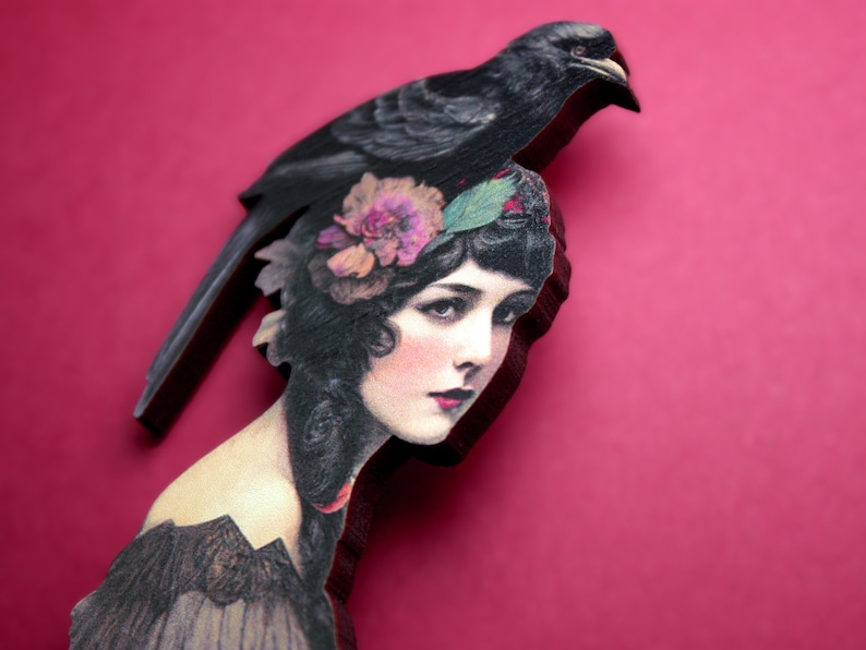 RAVENS ARE AGIRLSBESTFRIEND whimsical wooden brooch pin raven crow black bird 20s 30s flapper vintage style collage gift woman victorian 画像 1