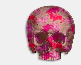 Whimsical wooden brooch pin "LILY THE SKULL" sugar skull day of the dead flowers